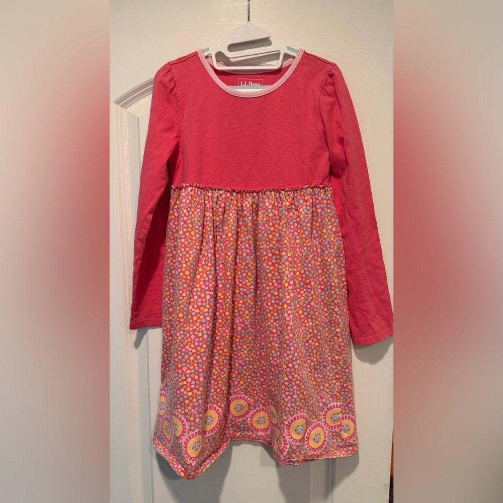 L.L. Bean Coral Pink Long-Sleeve Dress with Floral Skirt - Sz 6x-7